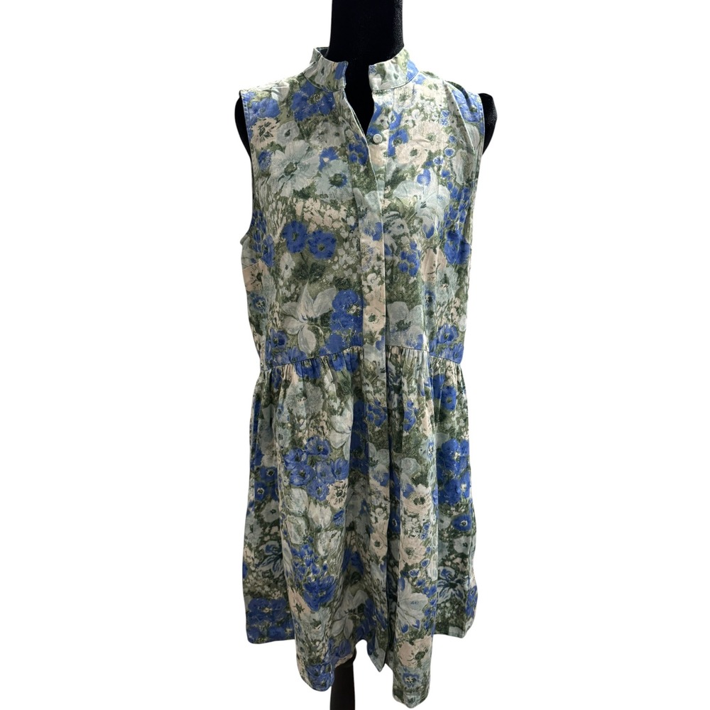 Tuckernuck Blue Green Floral Sleeveless Shirt Dress Mandarin Collar Medium